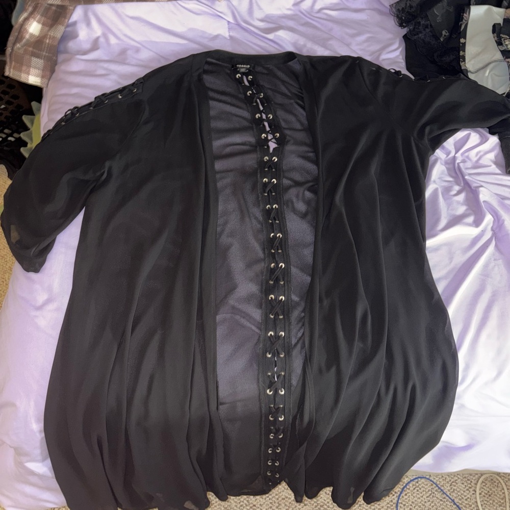 Black Sheer Kimono with Lace Up Detail